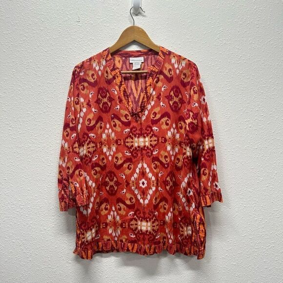 Soft Surroundings Orange Red Sequin 3/4 Sleeve Tunic Viscose Top Size L - Picture 1 of 12